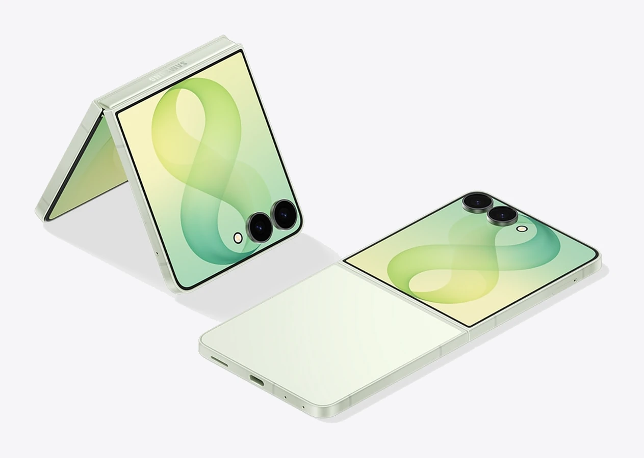Samsung Galaxy Z Flip8 in Mint, aufgeklappt und zugeklappt
